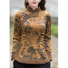 Chinese Style coffee side open Stand Collar button Print Fine Cotton Filled tops Winter